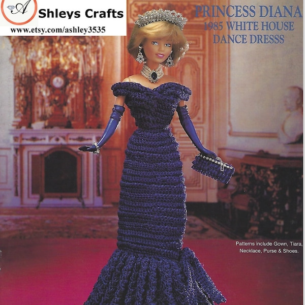 crochet pattern PDF-Fashion doll Barbie gown crochet vintage pattern-Crochet blueprint-Doll dress pattern Vol#56-Princess Diana