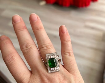 Art DECO EMERALD May birthstone ring-green vintage statement ring-woman gold band ring-costume jewelry bling ring, Emerald jewelry