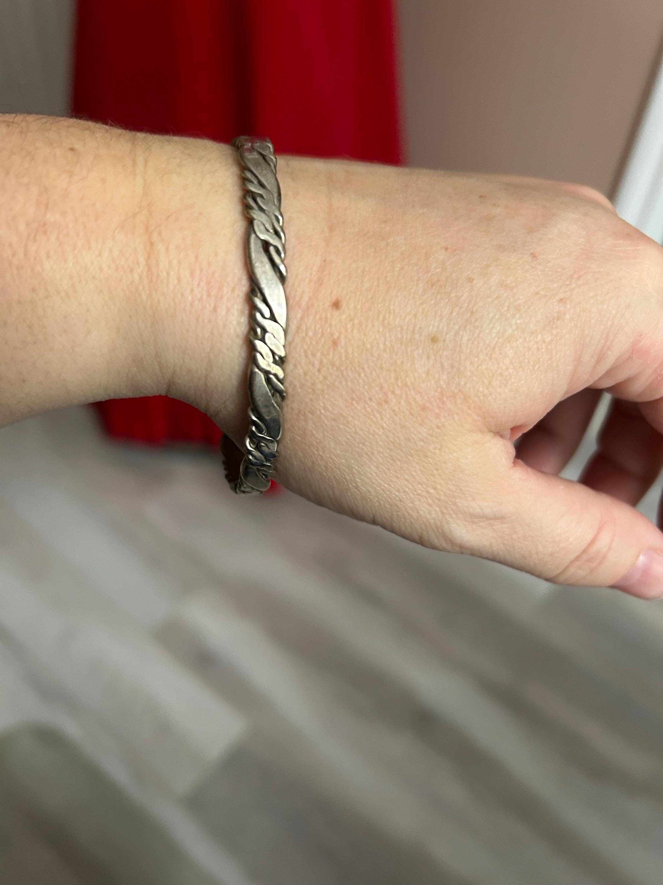 Vintage Brass Bangle Bracelet: Grooved Silver-tone Design, Mexico