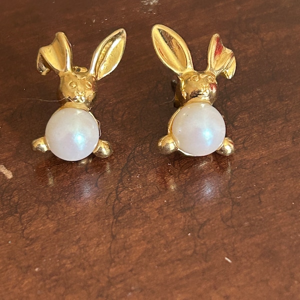 AVON Girl STUDS on rabbit bunny earrings, Easter child jewelry, vintage 1990 Avon gold jewelry earrings, in lieu of chocolate for Easter