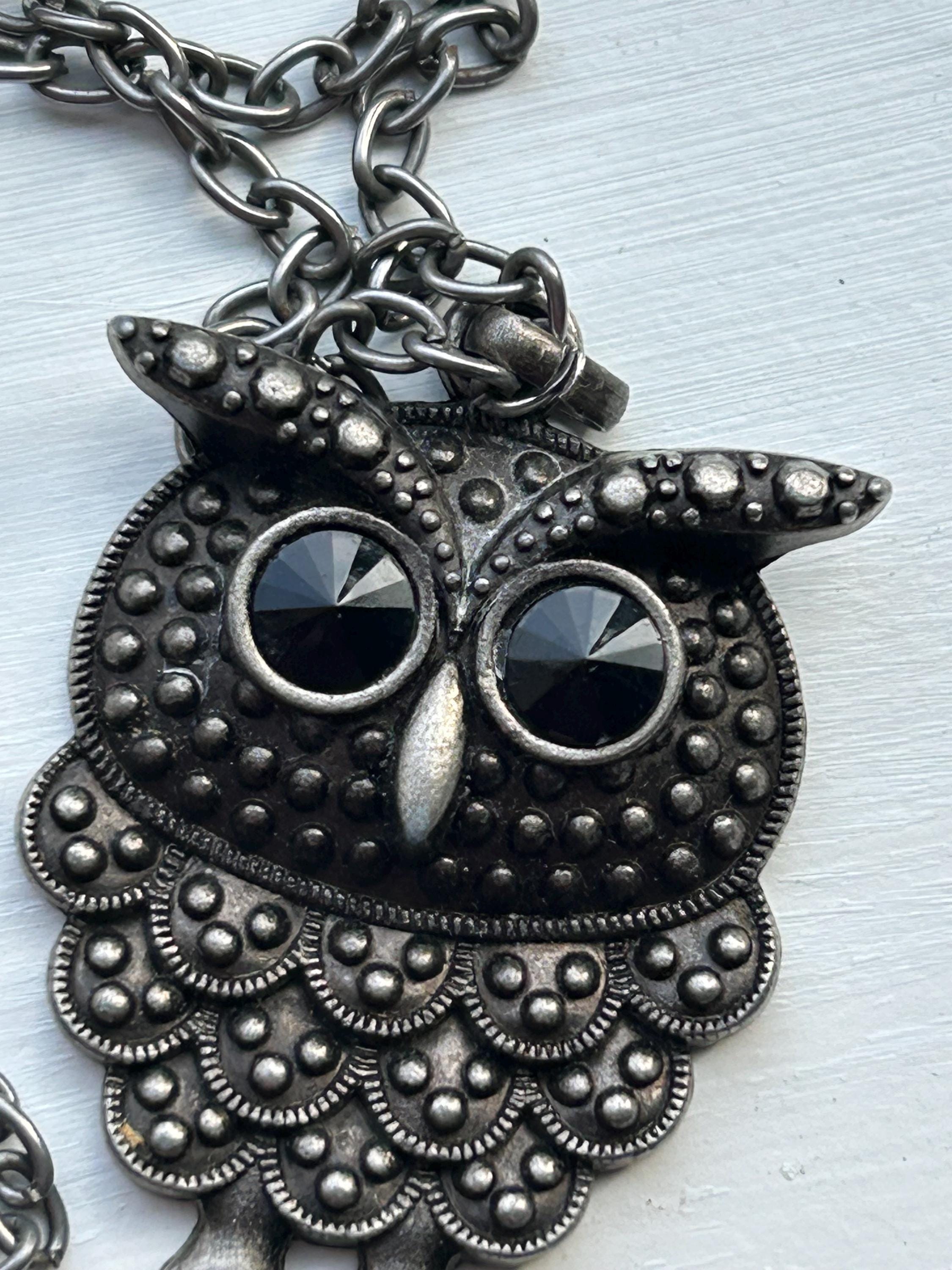 Silver Owl Statement Necklace, Animal Jewelry, 26 inch