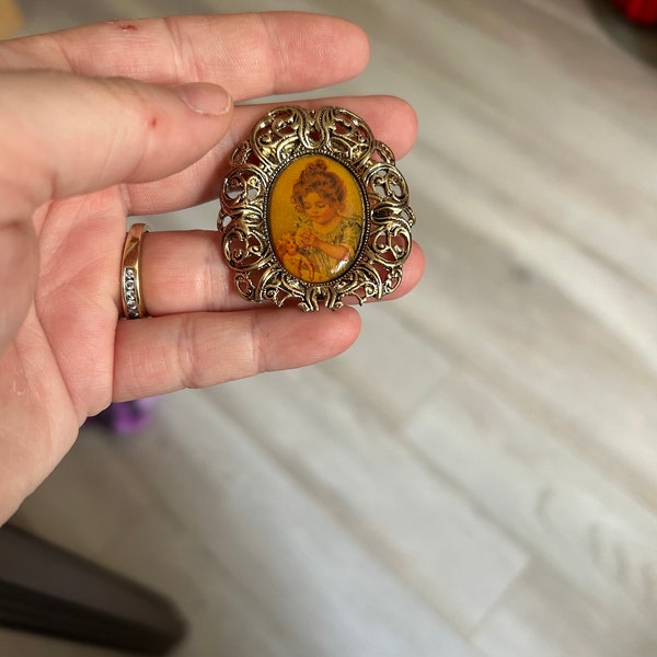 ITALIAN RENAISSANCE Porcelain  gold trim brooch, Victorian woman painted jewelry pin, ceramic brooch cloak pin, cameo pin brooch ashley3535