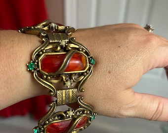 Edwardian Brass Link Bracelet, Orange Stone, Selro Style