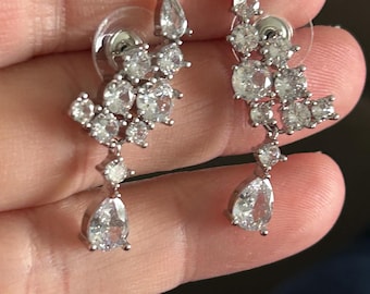 Crystal Stud Earrings, Silver Tone, 25mm Length