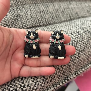 Cat earrings, cat jewelry, dangle earrings, cloisonné earrings, vintage earrings, black cat, cat lover gift, clip on earrings