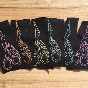 Hand stitched stork embroidery scissors patch