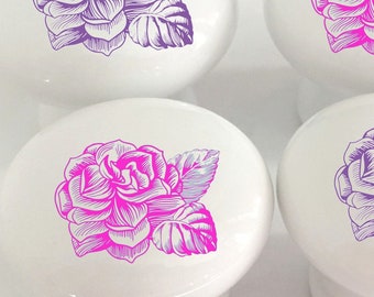 Elegant White Ceramic Cabinet Knobs with Delicate Rose Line Drawings in 8 Rose Colors, Two Knob Sizes, Cabinet Knobs, Kitchen Hardware