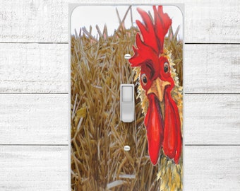 Curious Rooster Switch Plate Cover - Barnyard Animal Decor for Light Switches & Outlets - Quirky Design - Reduced U.S. Shipping