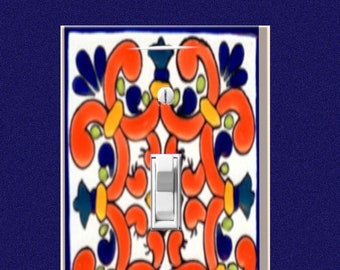 Light Switch Cover, Vibrant Orange Talavera Spanish Art Switch Plate, Colorful Detailed Pattern of Mexican & Spanish Pottery. Made in USA