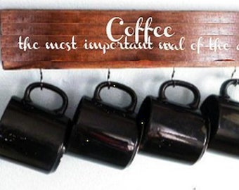 COFFEE-The Most Important Meal of the Day" Rustic Charm Coffee Cup Holder, Mug Rack for Kitchen Organization, Wall-Mounted Mug Organizer