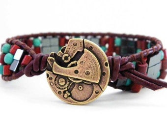 Steampunk Leather Cuff Bracelet: Black Hematite, Red Coral, and Turquoise Gemstones Wrap Bracelet for Men or Women, Unisex Wrap Bracelet