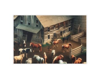 Old Ranch House Wall Decal Unframed, Retro Ranch with Barn Silo Corral w/Horses, Vertical & Horiz, Multiple Sizes, Polyester, Reusable