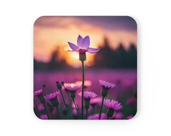 Cute & Dainty Coaster Set Beautiful Lavender Flowers Before Sunset, Drink Coasters, Square Set of 4, 3.75"