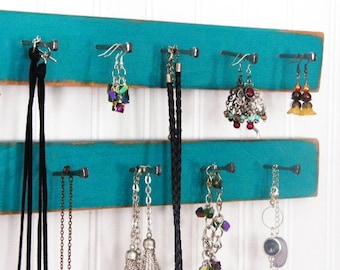 Rustic Aqua Jewelry Organizer: Nautical Bedroom Wall Décor with Free USA Shipping, Necklace Hanger, Gift for Mom or Wife