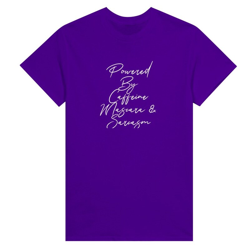 Powered By Caffeine Mascara & Sarcasm Sassy Slogan Graphic Tee, Cute Gift for Mom, Women's Crewneck T-shirt, Humorous Tee, Free US Shpg, Purple