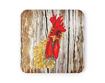 Curious Rooster Big-Eyed, Chicken Wooden Drink Coaster Set of 4, Farmhouse Decor, Coffee Table Coasters, Country Chicken on Weathered Wood