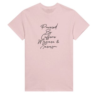 Powered By Caffeine Mascara & Sarcasm Sassy Slogan Graphic Tee, Cute Gift for Mom, Women's Crewneck T-shirt, Humorous Tee, Free US Shpg, Light Pink