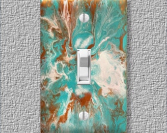 Turquoise & Gold Paint Pour Light Switch Cover - Unique Rocker Decora Switch Plate - Inspired Design for Toggle Switches and Outlets