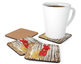 Curious Rooster Big-Eyed, Chicken Wooden Drink Coaster Set of 4, Farmhouse Decor, Coffee Table Coasters, Country Chicken on Weathered Wood