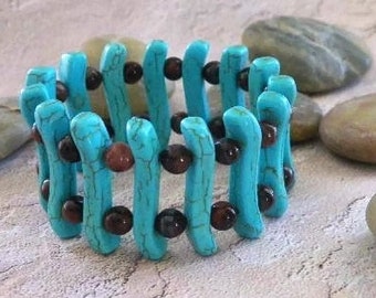 Southwestern Gemstone Stretch Bracelet: Tiger Eye and Turquoise Beads, Perfect Bride or Bridal Shower Gift, Ideal Gift for Mother or Wife