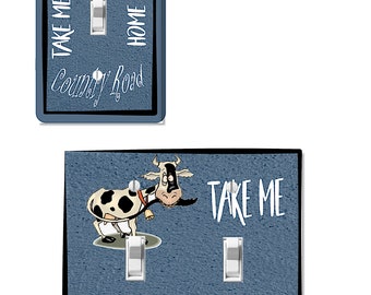 Country Charm: Cow Chewing Tail Switch Plate Cover - 'Take Me Home, Country Road' - Farmhouse Humor - Light Switchplate - Reduced Shpg