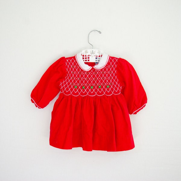 Vintage Baby Girl Red Corduroy Smocked Dress, size 3 months