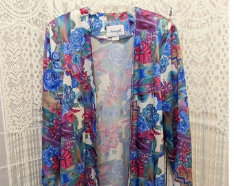 Nancy II Vintage Retro 70s Colorful Floral Open Front Shirt Cardigan Size 16