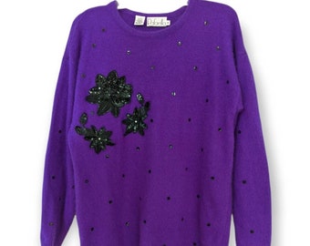 Rafaella Vintage 80s Purple Angora and Lambswool Sequin Sweater Size Medium