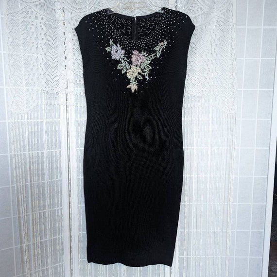 Vintage 70s 80s Black Midi Dress with Beaded Flor… - image 2