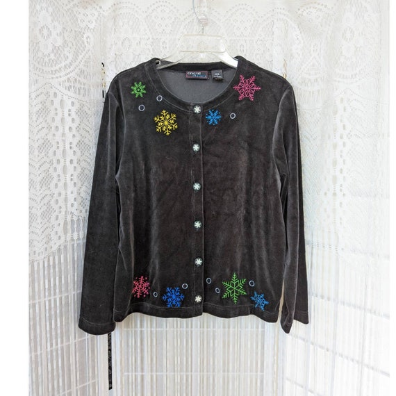 Onque Casuals Vintage 90s Black Velvet Snowflake … - image 2