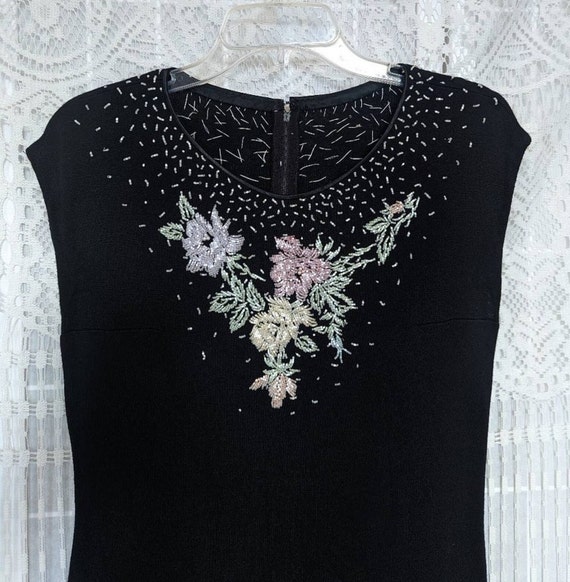 Vintage 70s 80s Black Midi Dress with Beaded Flor… - image 1