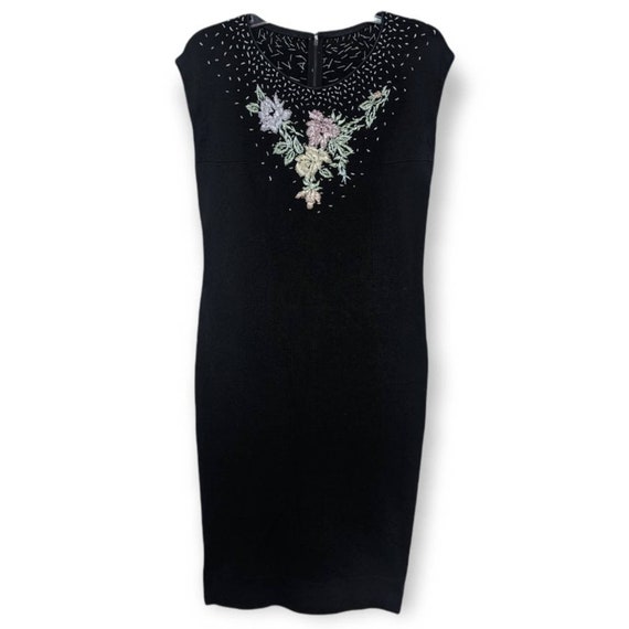 Vintage 70s 80s Black Midi Dress with Beaded Flor… - image 10