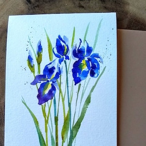 Ensemble de 3_Original aquarelle peinte à la main Fleur d’iris bleu, Salutation vierge, Bientôt bientôt, Anniversaire, Cartes de remerciement 4.25 « x5.5 »