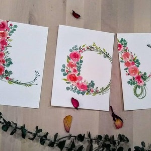 Juego de 5 "x7" de 4, acuarela original pintada a mano, floral, rosas, AMOR, decoración del hogar, arte de pared, regalo de boda único, regalo de Navidad