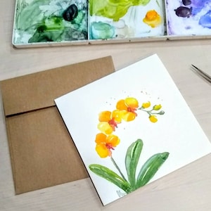 Original pintado a mano, acuarela, orquídea amarilla, floral, cumpleaños, gracias, bon voyage, tarjeta de felicitación en blanco 4.75 "x4.75"