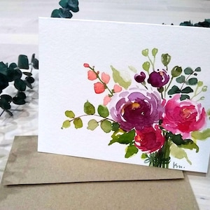 Aquarelle originale peinte à la main, violet, magenta, pivoines, floral, Saint-Valentin, fête des mères, anniversaire, carte de voeux vierge 4,25 "x 5,5"
