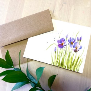 Original Aquarelle peinte à la main, iris, floral, Merci, action de grâce, anniversaire, sympathie, carte de vœux vierge 4.25"x5.5 »