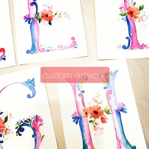 Personnalisé, Original Peint à la main, aquarelle florale, lettre alphabétique personnalisée, Décors de pépinière, art mural de chambre de fille, tailles personnalisées