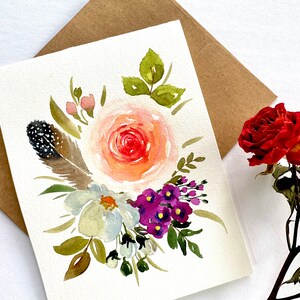 Original Acuarela pintada a mano Rosa, acuarela floral, pluma, Aniversario, Amor, cumpleaños, Día de San Valentín, Tarjeta de boda 4.25"x5.5"