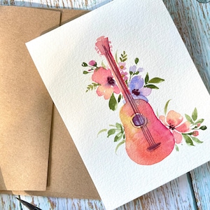 Originele handgeschilderde aquarel, muziekinstrument, artistiek, gitaar, bloemen blanco groet, bedankt, verjaardagskaart 4,25 "x 5,5"