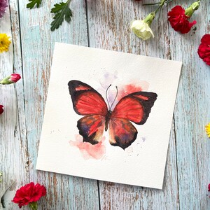 8 "x 8" Original Aquarell Schmetterling Illustration, roter Schmetterling, rote Schmetterlinge, Kunst, Dekor, quadratische Wandkunst, Einweihungsgeschenk