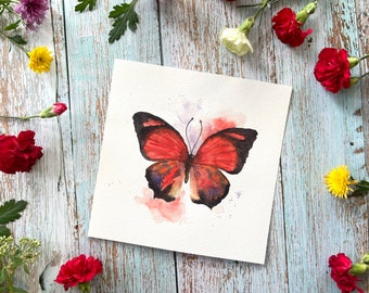 Illustration originale de papillon aquarelle peinte à la main, papillon rouge, art gai, décoration, art mural carré, cadeau de pendaison de crémaillère