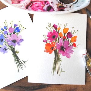 Juego de 2_ Ramo de flores de acuarela originales pintadas a mano, color púrpura/rosa, saludo en blanco, agradecimiento, tarjetas de cumpleaños de 4,25" x 5,5"