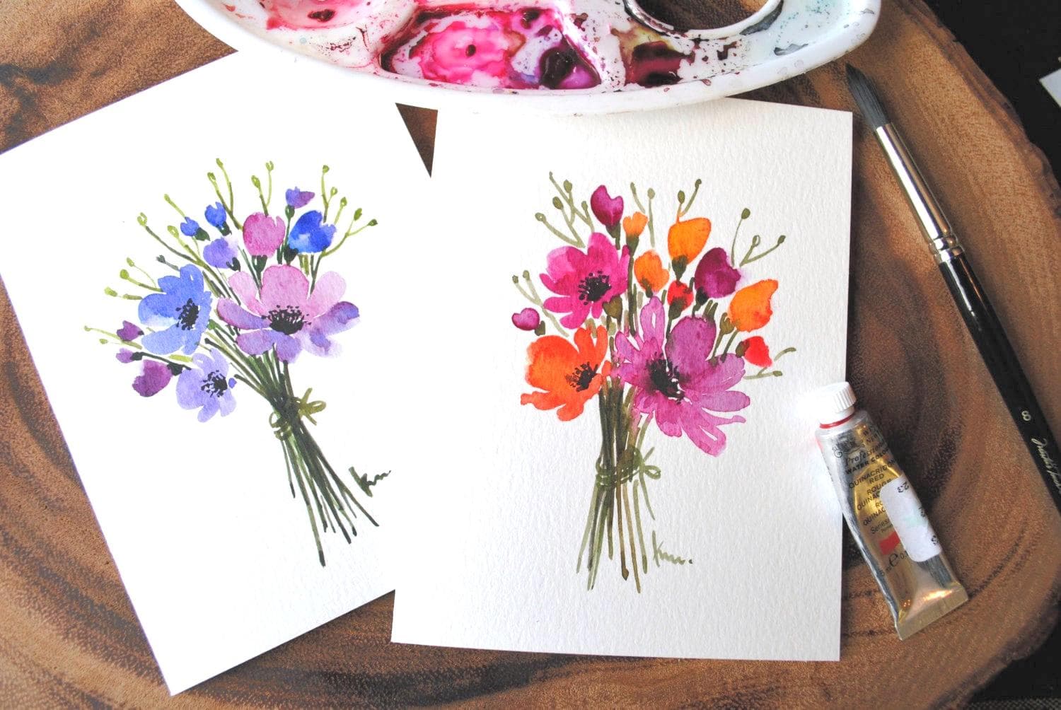Set of 2_ Original Hand Painted Watercolor Floral, Purple/pink Flower ...