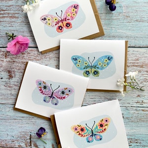 ensemble de 4 cartes de vœux imprimées, papillons, art populaire moderne, anniversaire d'enfants, carte de douche de bébé 4,25 "x5,5"