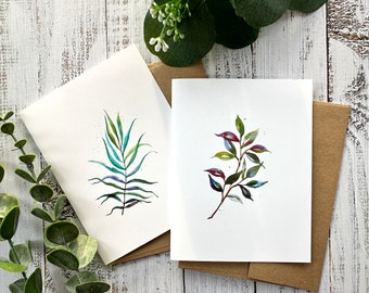 set of 2 - A2 size printed blank greeting cards, leaves artwork, thank you note cards 4.25”x5.5”