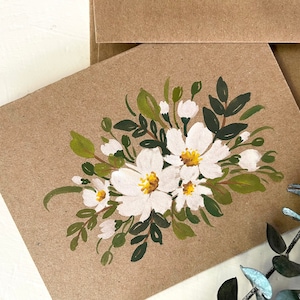 lot de 3 - voeux vierges originaux peints à la main, mot de remerciement, carte de condoléances 4,25 x 5,5 po. blanches marguerites, rustique