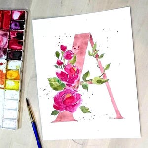 Personnalisé, original peint à la main, aquarelle, rose, lettre de l'alphabet personnalisée, A, décorations de chambre d'enfant, art mural pour chambre de fille 20 x 10 po