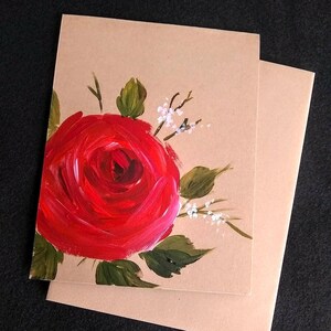 オリジナル、手描きアクリル、赤いバラ、バレンタイン、記念日、誕生日、結婚式、茶色のカード 4.25"x 5.5" - 素朴