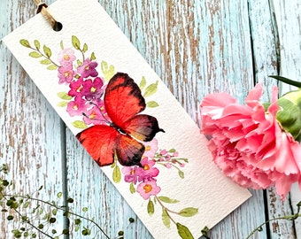 Set of 2- Original hand painted watercolor colorful red butterfly  bookmark, handmade, unique gift for a book lover.